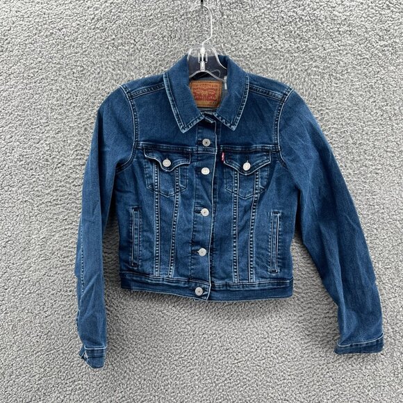 Levis Denim Jean Jacket Womens Extra Small XS Blue Stretch Denim Trucker - Picture 1 of 10